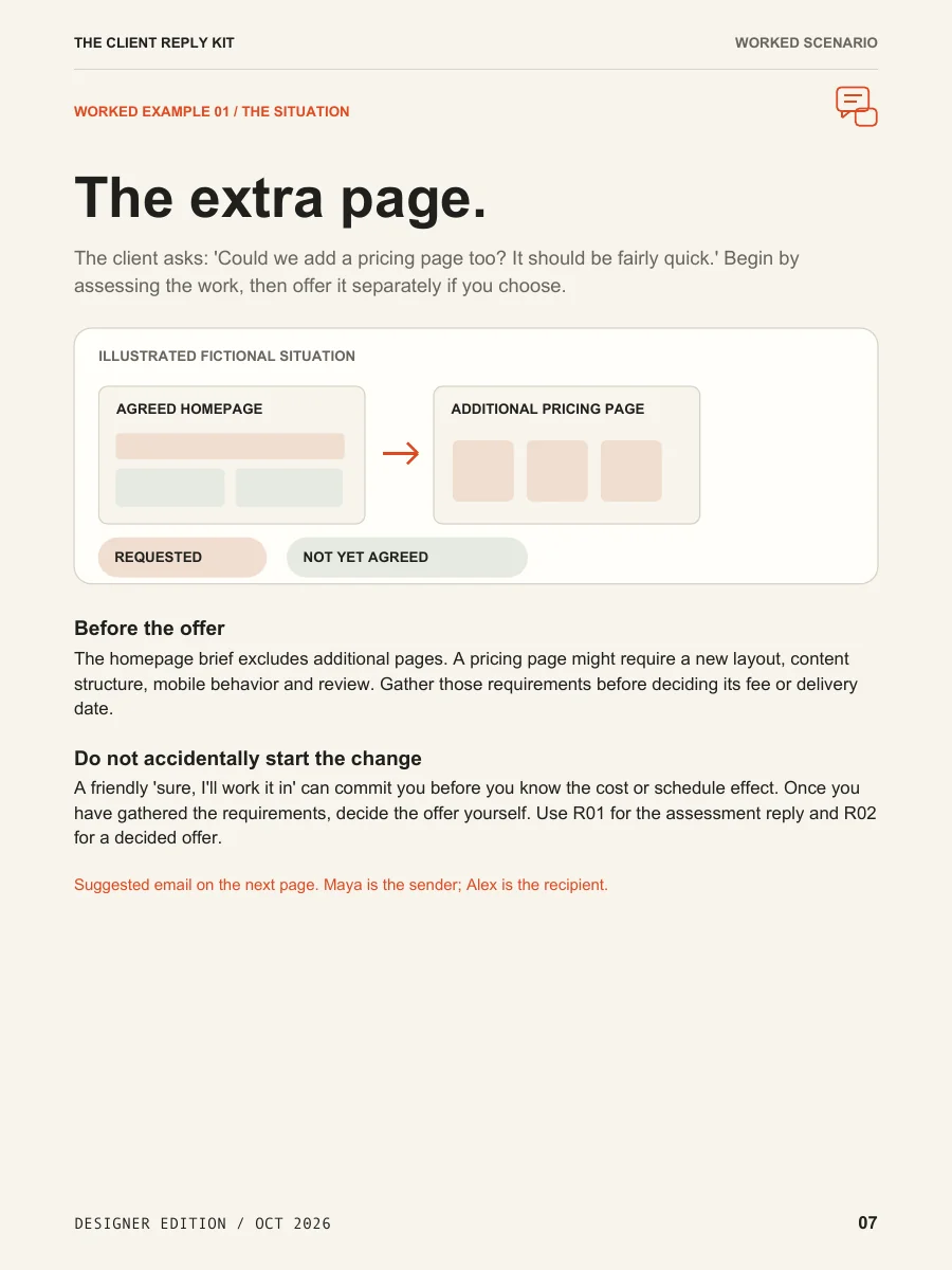 Ebook preview explaining a fictional request to add a pricing page to a homepage project