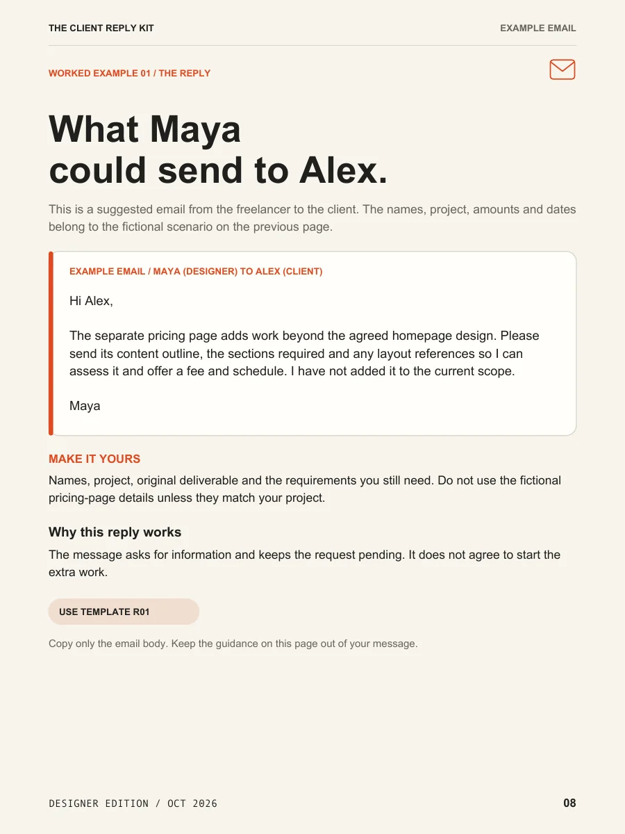 Ebook preview with a clearly labeled example email from Maya to Alex and customization notes