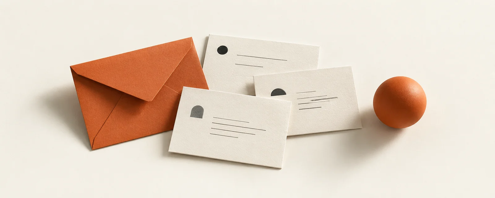Illustration of three client reply cards beside an orange envelope